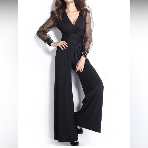unbranded Pants - ⭐️ Black Long Sleeved Catsuit Jumpsuit With Sheer Sleeves and Studded Cuffs